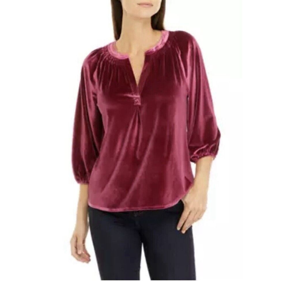 Crown & Ivy Top Womens Sz XXL Dark Mauve Velvet Balloon Sleeve Boho V Neck Flowy